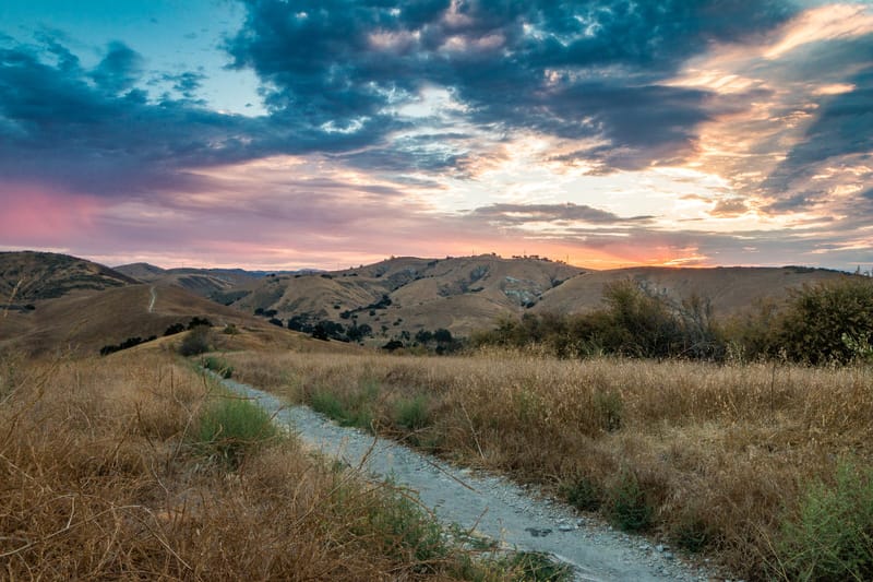 Sunset over golden rolling hills and a dirt trail at Cheeseboro Canyon near Oak Park