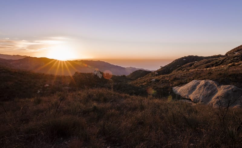 Sunset over chaparral ridges at Corral Canyon in the Santa Monica Mountains