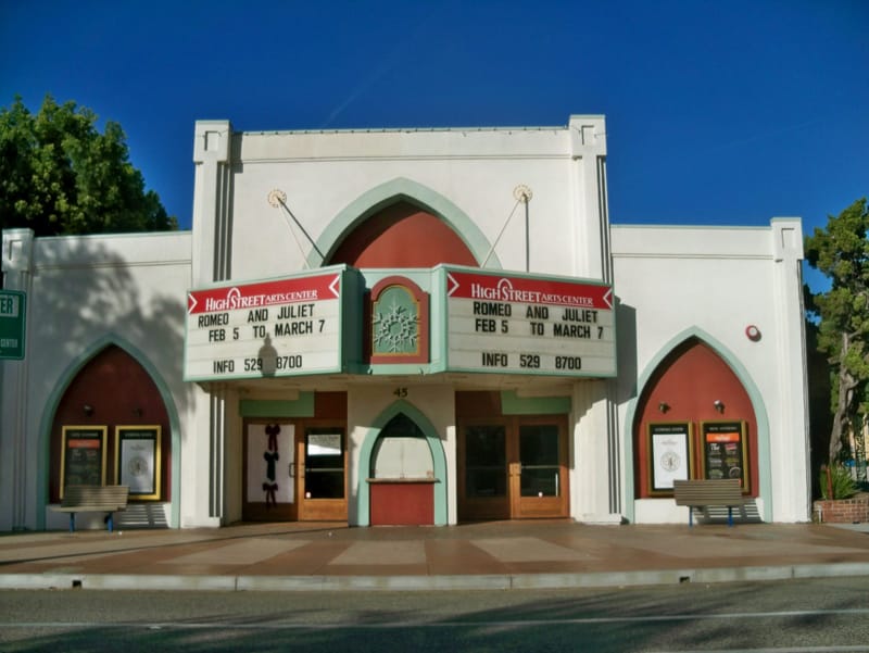 High Street Arts Center theater facade in downtown Moorpark under a clear blue sky