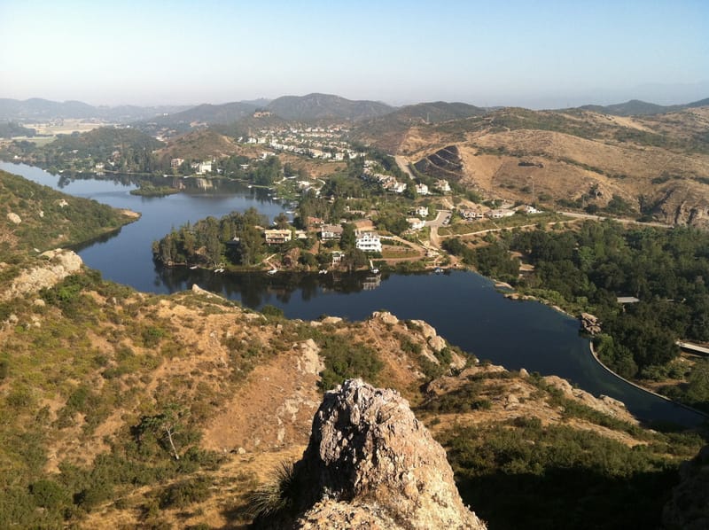 Hillside view of Lake Sherwood and surrounding homes in the Santa Monica Mountains