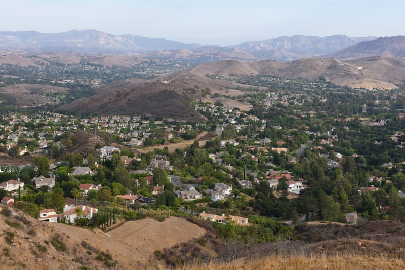 Hillside view over North Ranch homes and oak covered hills in Thousand Oaks, California