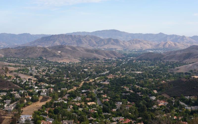 Hillside view over North Ranch neighborhoods and oak dotted hills in Thousand Oaks, California