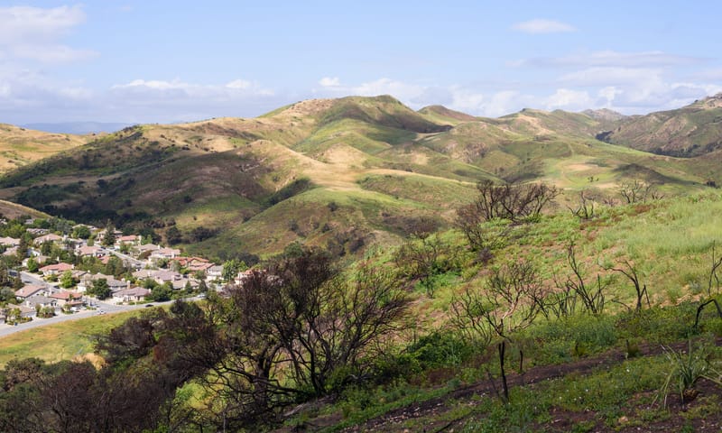 Green rolling hills above a Lang Ranch neighborhood from Oakbrook Vista Trail in Thousand Oaks