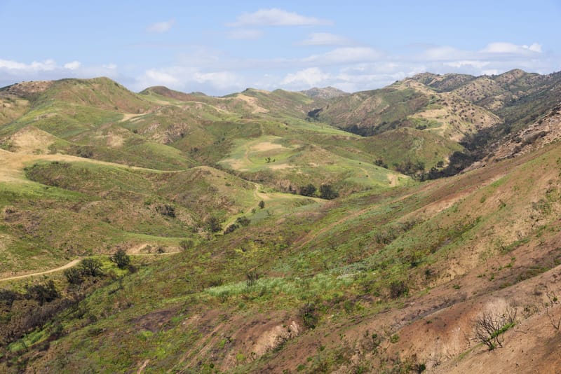 Green rolling hills and winding trails at Lang Ranch Open Space near Oak Park in the Conejo Valley