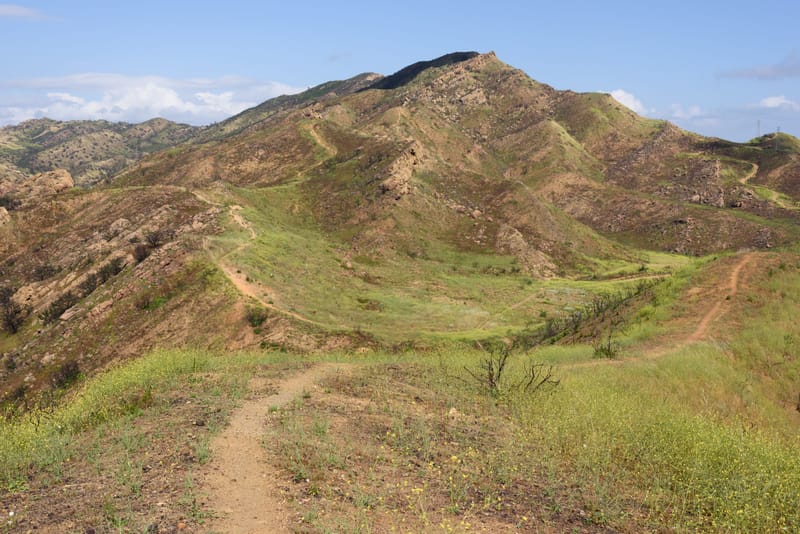 Trail winding toward Simi Peak through green hills above Oak Park in the Conejo Valley