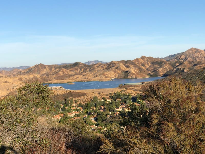 Las Virgenes Reservoir and Santa Monica Mountains above a hillside neighborhood in Westlake Village