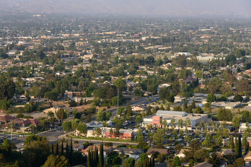 Aerial view of Simi Valley neighborhoods and Royal Avenue from Mount McCoy at golden hour
