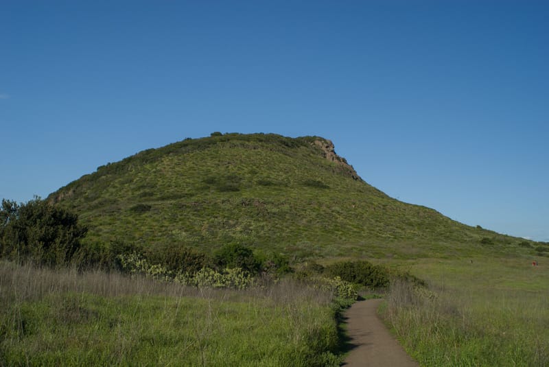 Green hillside and winding trail at Wildwood Park in Thousand Oaks under a clear blue sky
