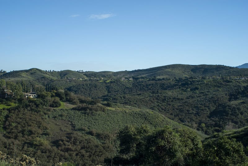 Green oak studded hills above Wildwood Park in Thousand Oaks with hillside homes in the Conejo Valley