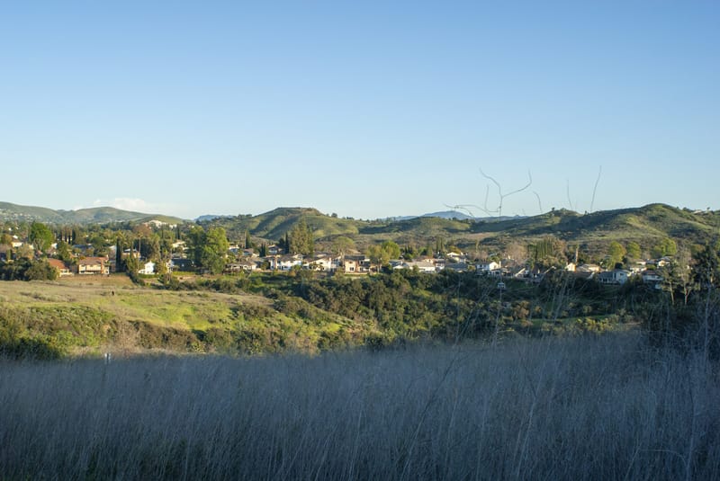Hillside homes above Wildwood Park with green rolling hills in Thousand Oaks, Conejo Valley