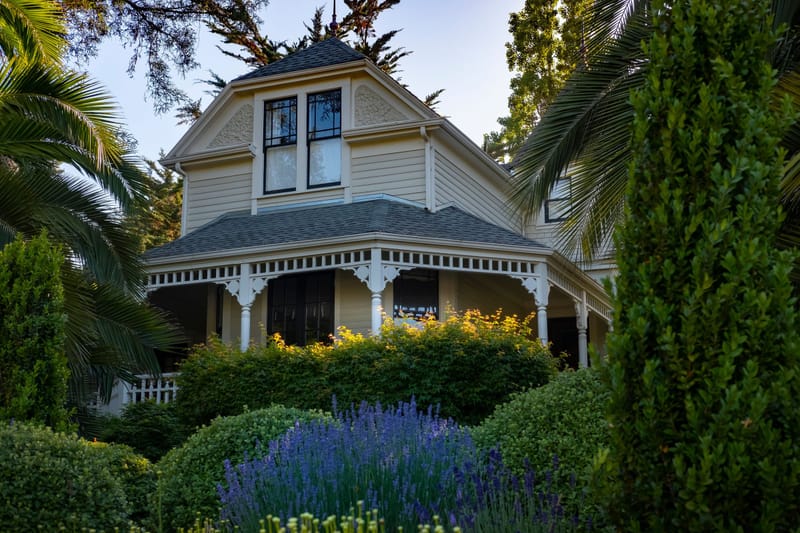 Victorian style home with wraparound porch framed by palms, lavender and hedges at golden hour.<br>