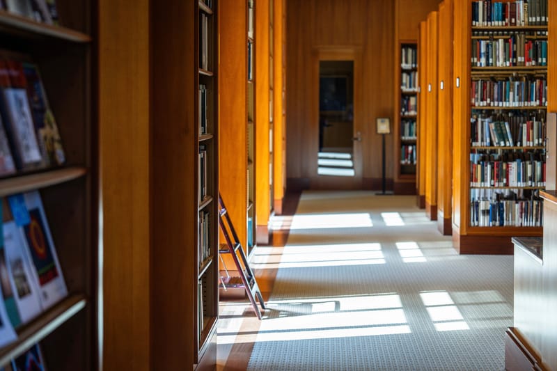 Sunlit library aisle with warm wood shelves of books and window light across the carpet